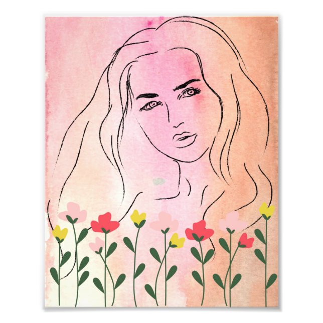 Eine schöne Frau und Blume, Line Art Design Fotodruck (Vorne)