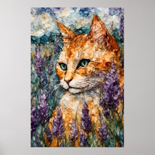 Eine schöne Ingwer Katze auf einem Lavendelfeld Poster