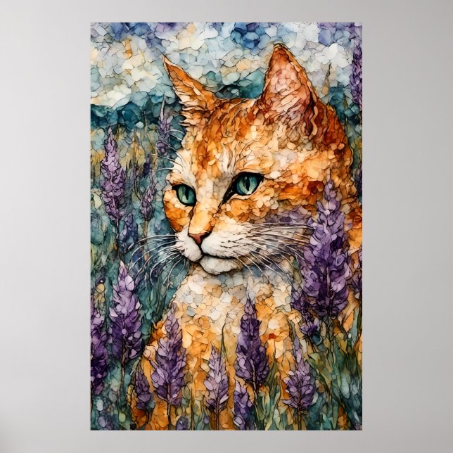 Eine schöne Ingwer Katze auf einem Lavendelfeld Poster (Vorne)