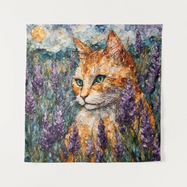 Eine schöne Ingwer Katze auf einem Lavendelfeld Wandteppich (Vorderseite)