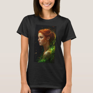 Eine schöne rote Kopffrau mit grünen Augen, die au T-Shirt