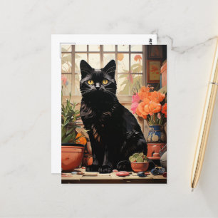 Eine schöne schwarze Katze in den Häusern Postkarte