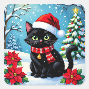 Eine schwarze festliche Katze mit einem Weihnachts Quadratischer Aufkleber