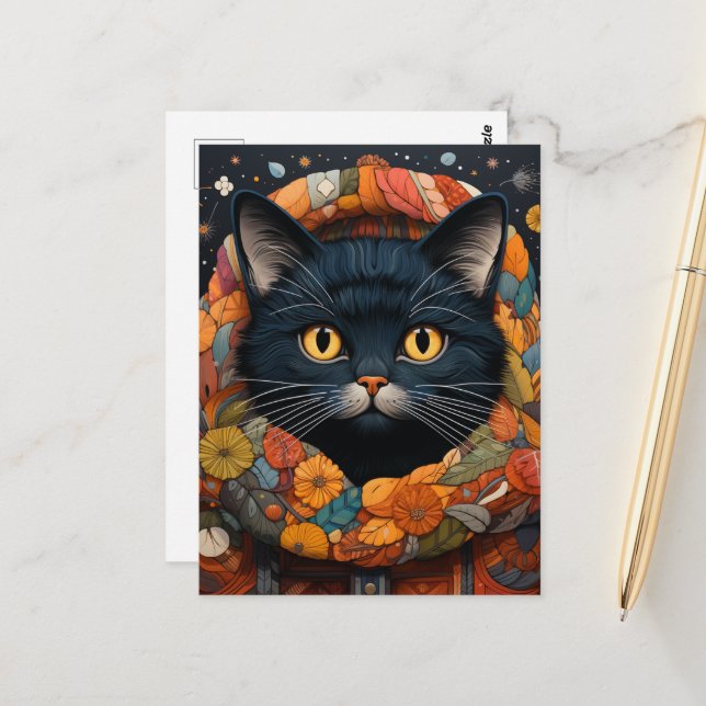 Eine schwarze Katze in einem BlumenSweater Postkarte (Vorderseite/Rückseite Beispiel)