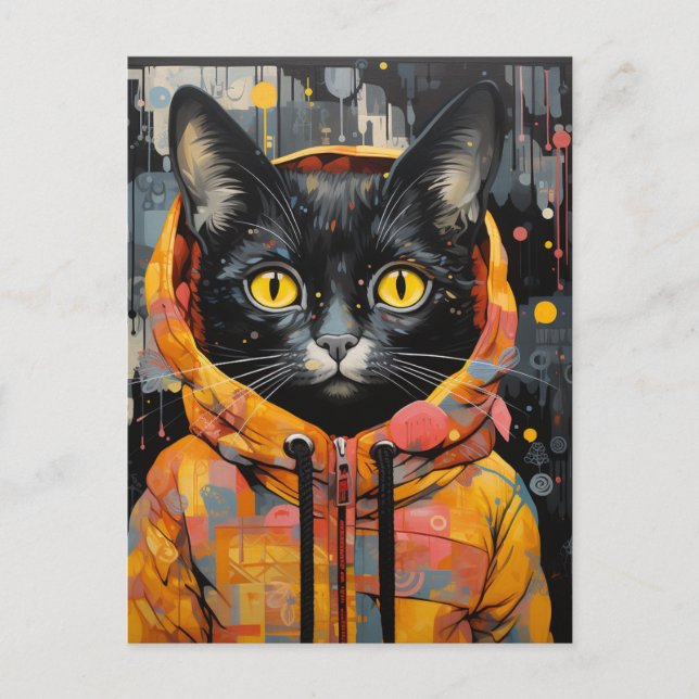 Eine schwarze Katze in einer farbenfrohen Jacke Postkarte (Vorderseite)
