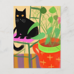 Eine schwarze Katze mit Hauspflanzen Postkarte