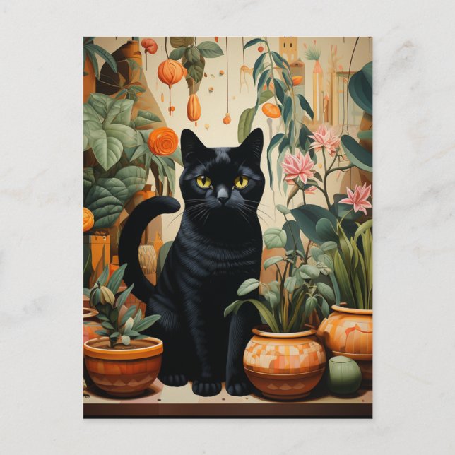 Eine schwarze Katze mit Hauspflanzen Postkarte (Vorderseite)