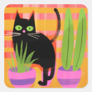 Eine schwarze Katze mit Hauspflanzen Quadratischer Aufkleber