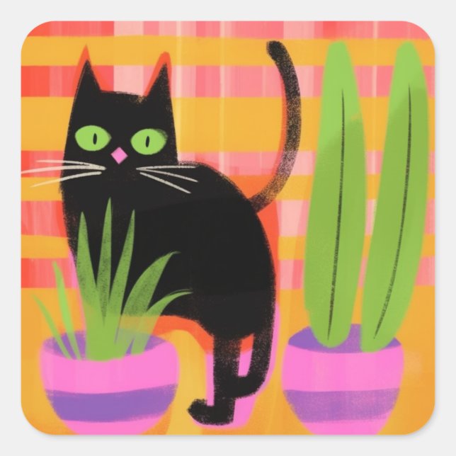 Eine schwarze Katze mit Hauspflanzen Quadratischer Aufkleber (Vorderseite)