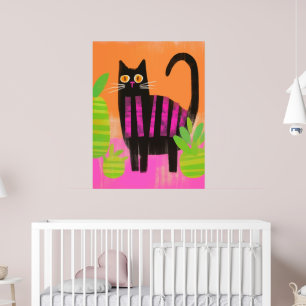 Eine schwarze Katze mit rosa Streifen und Häusern Poster