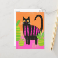 Eine schwarze Katze mit rosa Streifen und Häusern