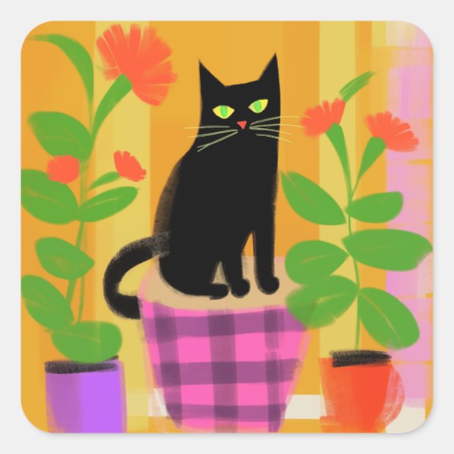 Eine schwarze Katze mit rosafarbenen Hauspflanzen, Quadratischer Aufkleber (Vorderseite)