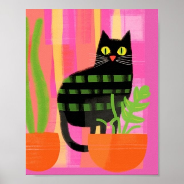 Eine schwarze Katze mit rötlich-rosa-grünem Orange Poster (Vorne)