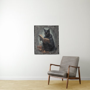 Eine schwarze Katze mit Umhang, die Halloween stud Wandteppich