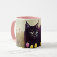 Eine schwarze Katze Tiptos durch die Tulpen - Tass