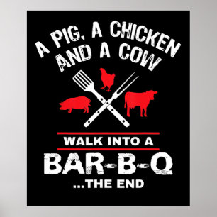 Eine Schweinehähnchenkuh wandert in eine Bar Funny Poster
