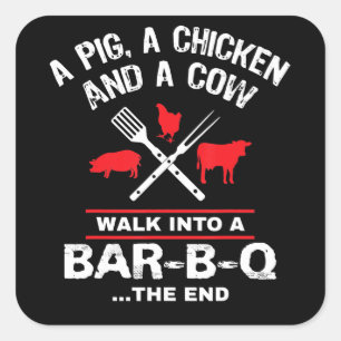 Eine Schweinehähnchenkühe Wandern in eine Bar Funn Quadratischer Aufkleber