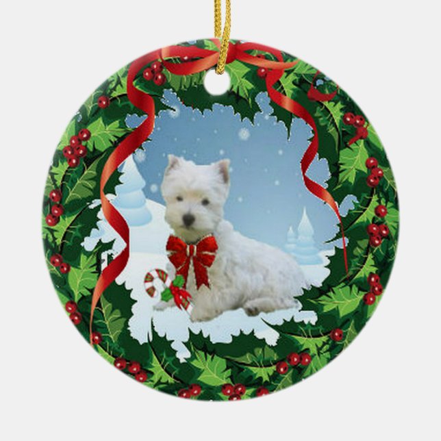 Eine sehr fröhliche Westie Weihnachtsverzierung Keramik Ornament (Vorne)