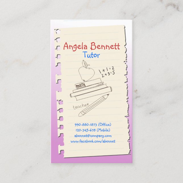 Eine Seite Doodle Tutor Pink Business Card Visitenkarte (Vorderseite)