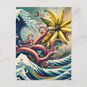 Eine surrealistische Bananen-Oktopus reitet auf ei Postkarte