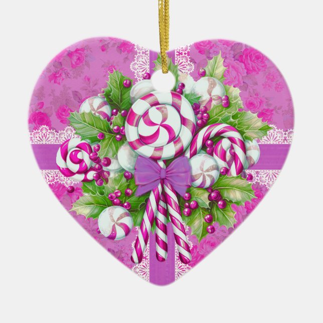 Eine süße Hütte Rosa und Lila Weihnachten Keramik Ornament (Vorne)