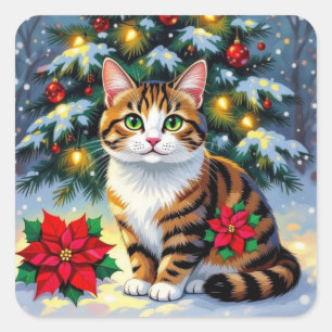 Eine süße Kätzchenkatze im Schnee Festive Weihnach Quadratischer Aufkleber