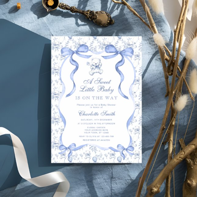 Eine süße kleine Baby Toile Bear Blue Baby Dusche Einladung (Von Creator hochgeladen)