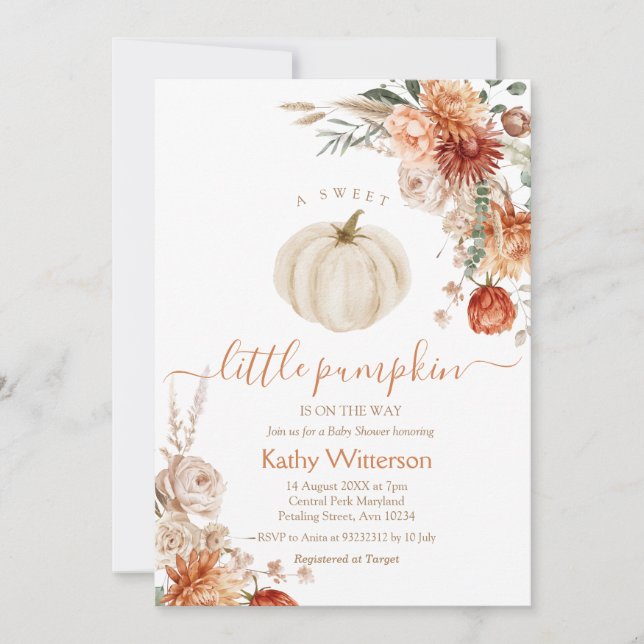 Eine süße kleine Pumpkin Boho Floral Baby Dusche Einladung (Vorderseite)