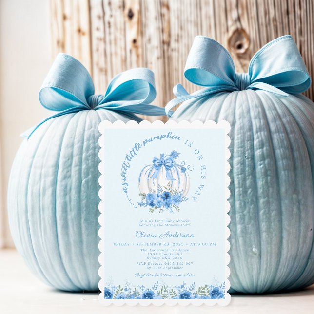 Eine süße kleine Pumpkin Bow Blue Baby Dusche Einladung (Von Creator hochgeladen)