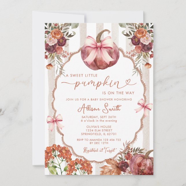 Eine süße Kleine Pumpkin Marsala Bow Babydusche Einladung (Vorderseite)
