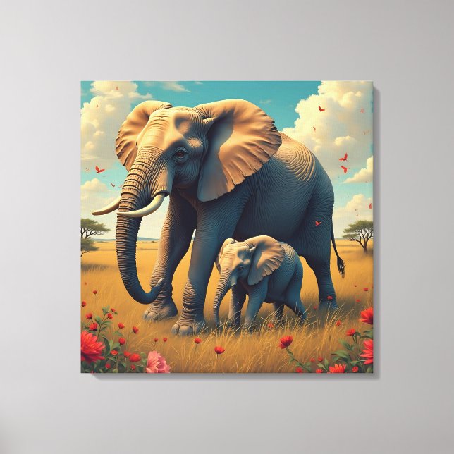 Eine süße Sentimental-Mama und ein Baby-Elefant Leinwanddruck (Vorderseite)