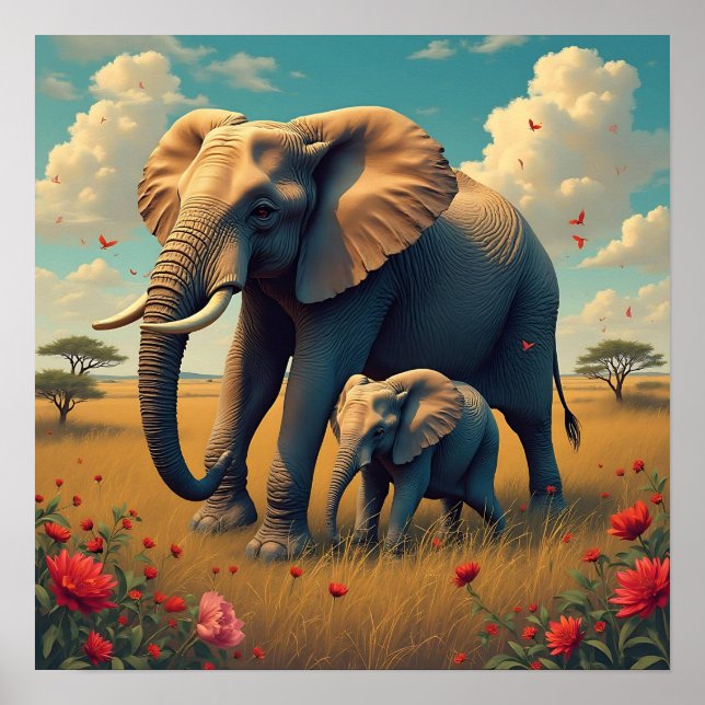 Eine süße Sentimental-Mama und ein Baby-Elefant Poster (Vorne)