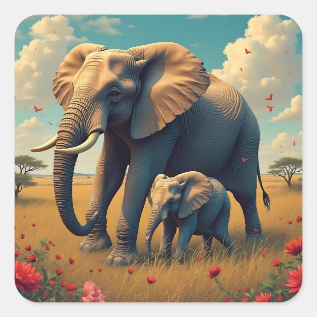 Eine süße Sentimental-Mama und ein Baby-Elefant Quadratischer Aufkleber (Vorderseite)