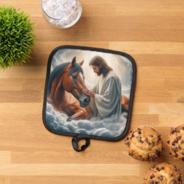 Eine Szene des Mitgefühls mit Jesus und Pferd Topflappen