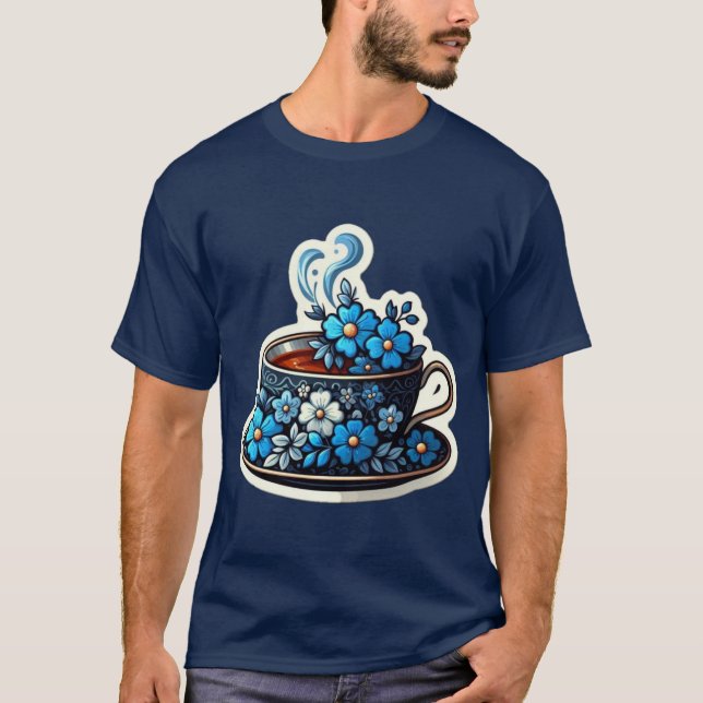 eine Tasse mit dekorativem blauen Durchfluss gefül T-Shirt (Vorderseite)