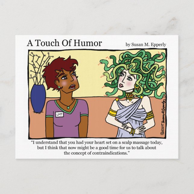"Eine Touch des Spaßes" Medusa Massage Comic Postkarte (Vorderseite)