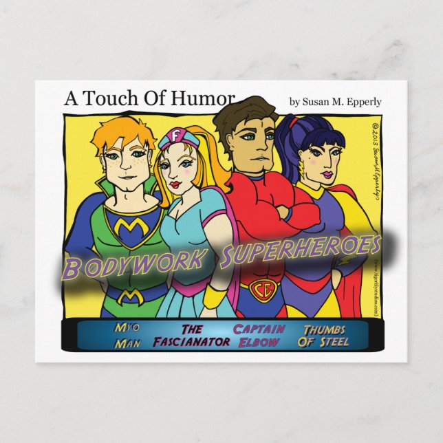 "Eine Touch des Spaßes" Super Massage Heroes Comic Postkarte (Vorderseite)