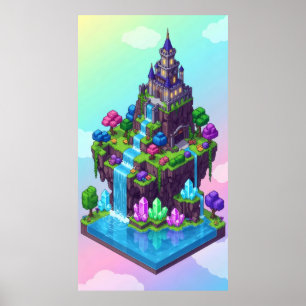 Eine traumhafte Inselburg mit Wasserfällen Poster