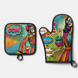 Eine trendige Illustration im Retro-Pop-Stil Ofenhandschuh & Topflappen-Set