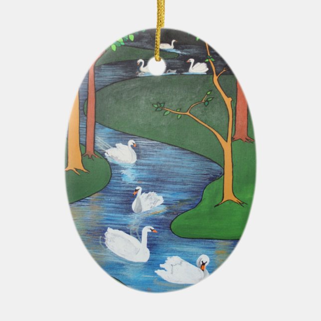Eine Uhr des Schwimmens mit sieben Swans Keramik Ornament (Vorne)