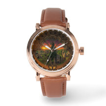 Eine Uhr mit Pfauensymbol innen