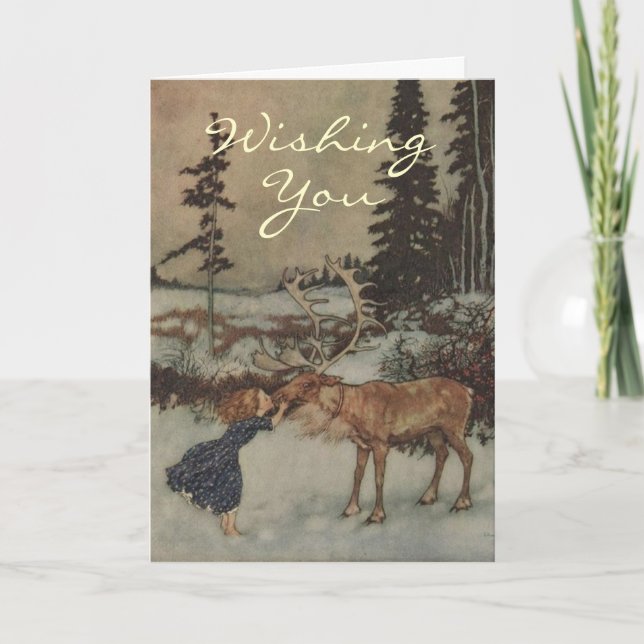 Eine Vintage Weihnachtskarte für Rentiere Feiertagskarte (Vorderseite)
