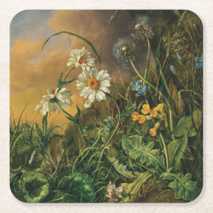 Eine Waldfläche mit Daisies, Primrosen, ... Rechteckiger Pappuntersetzer