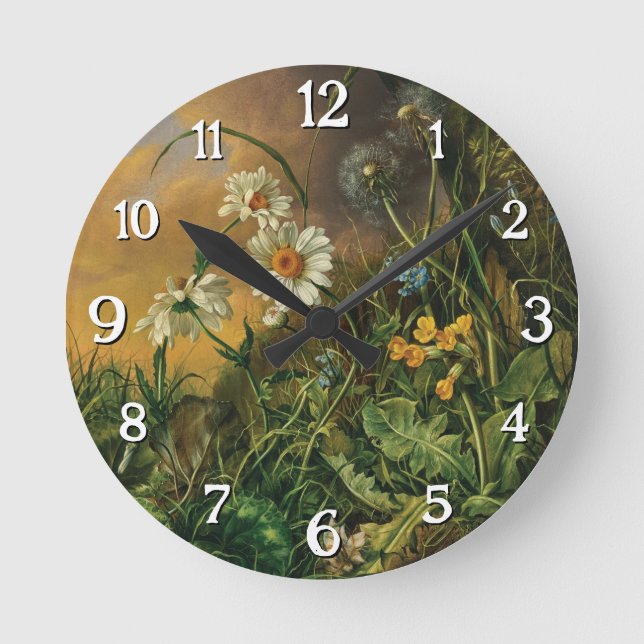 Eine Waldfläche mit Daisies, Primrosen, ... Runde Wanduhr (Vorderseite)