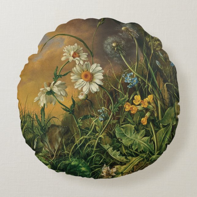 Eine Waldfläche mit Daisies, Primrosen, ... Rundes Kissen (Vorderseite)