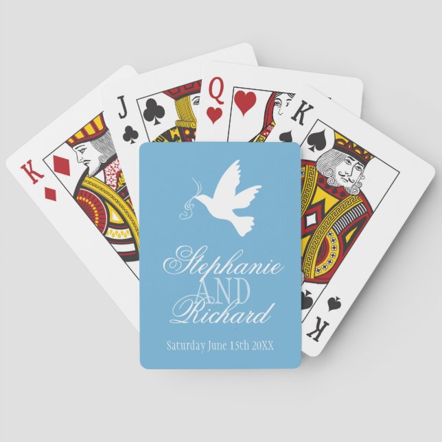 Eine weiße Taube blauer Hochzeitsname spielt Karte Spielkarten (Rückseite)