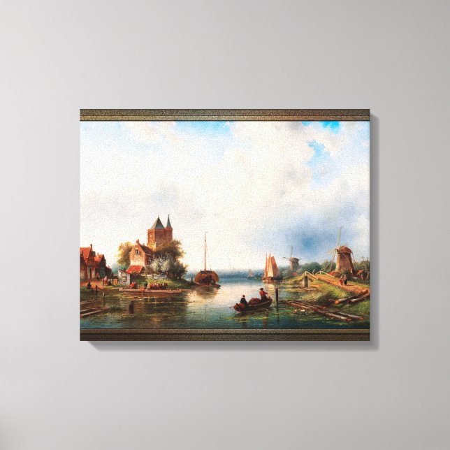 Eine weite Flusslandschaft mit Windmühlen Leinwanddruck (Vorderseite)
