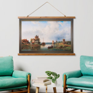 Eine weite Flusslandschaft mit Windmühlen Wandteppich Mit Holzrahmen