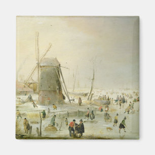 Eine Winterszene mit Skatern durch eine Windmühle Magnet