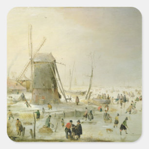 Eine Winterszene mit Skatern durch eine Windmühle Quadratischer Aufkleber